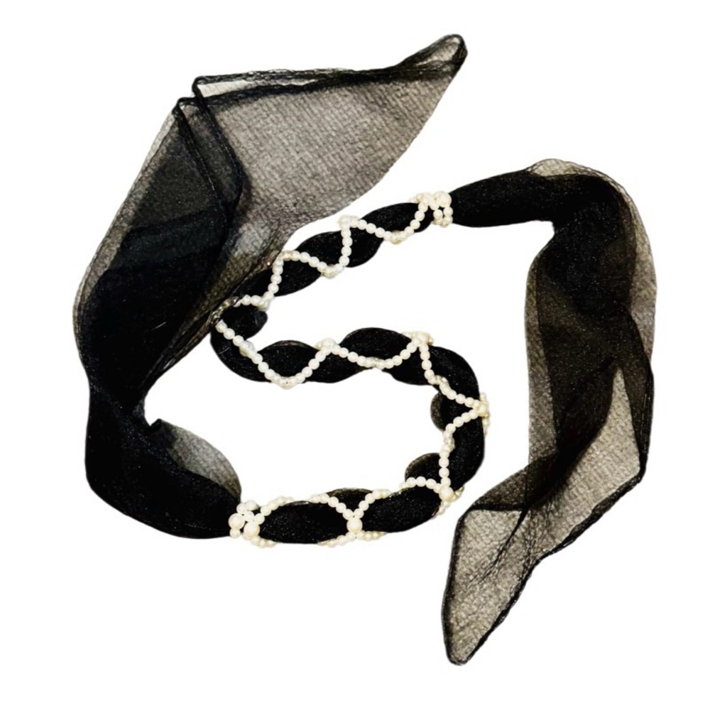 Skinny hair scarf sheer black fabric faux pearl wrapped ponytail Victorian